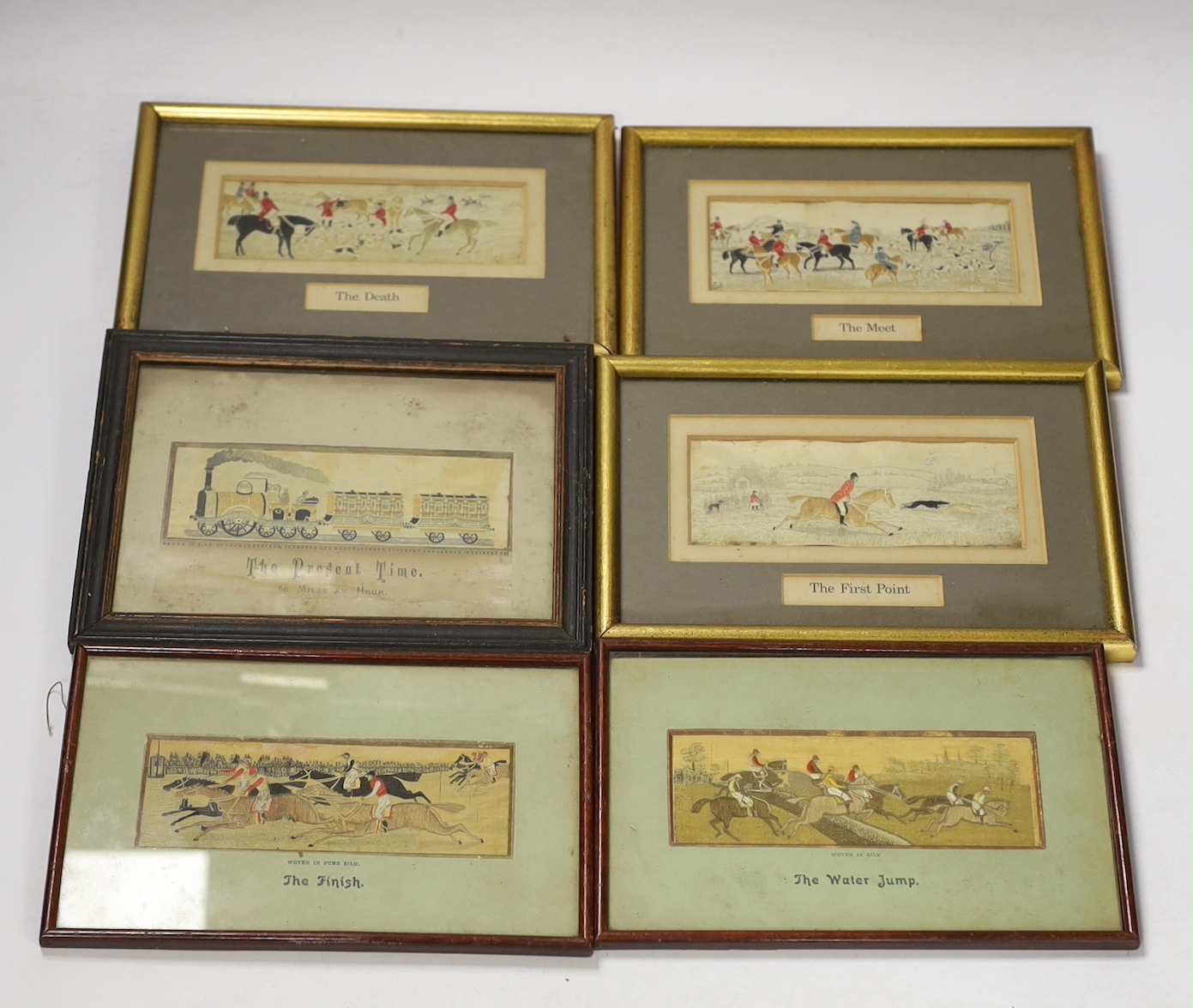 Six small framed silk Stevengraph panels, mounted riders, and an early locomotive, Lord Howell, largest frame 17cm x 22cm